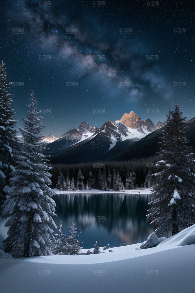 飘渺星空神秘森林与雪山的背景