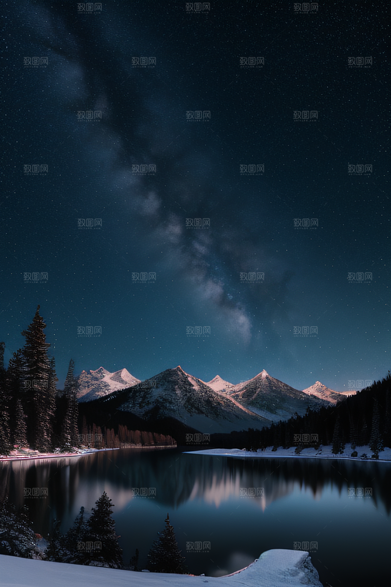 飘渺星空神秘森林与雪山的背景