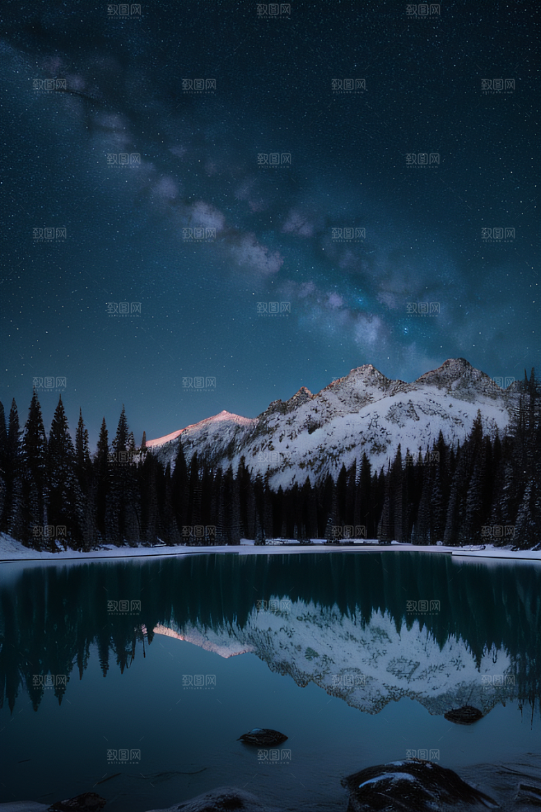 飘渺星空神秘森林与雪山的背景