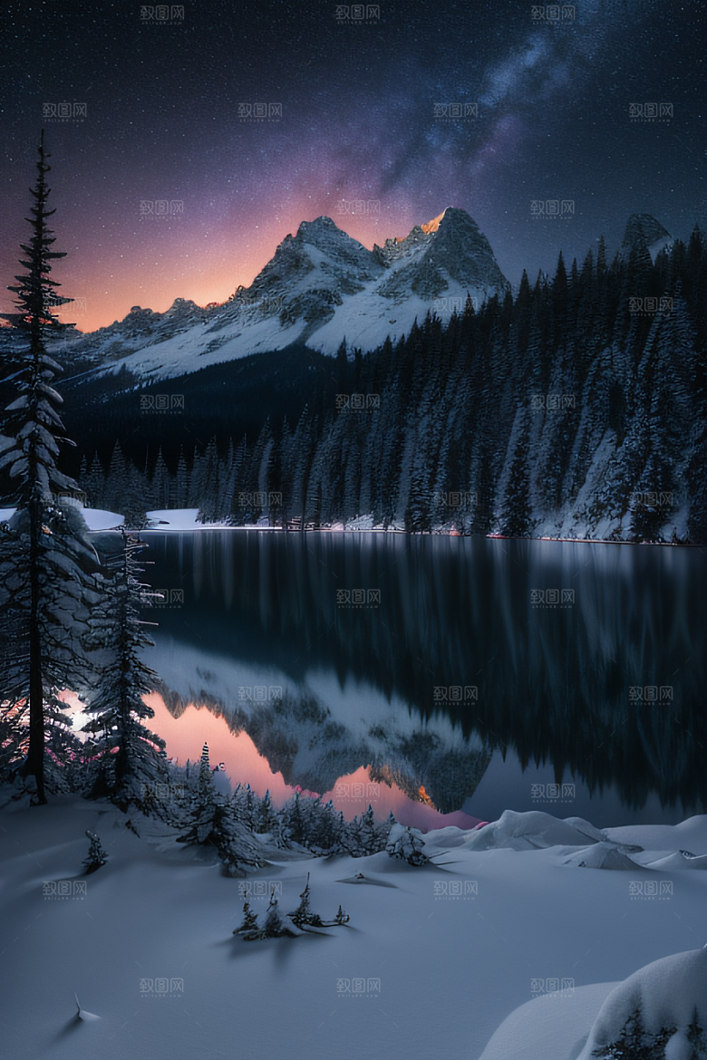 飘渺星空神秘森林与雪山的背景