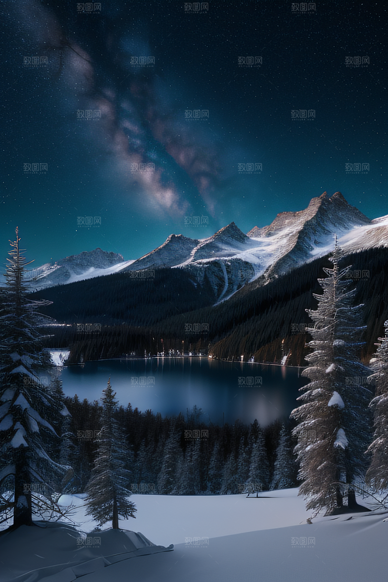 飘渺星空神秘森林与雪山的背景
