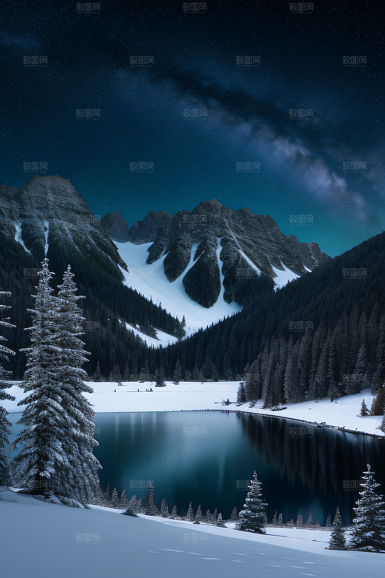 飘渺星空神秘森林与雪山的背景