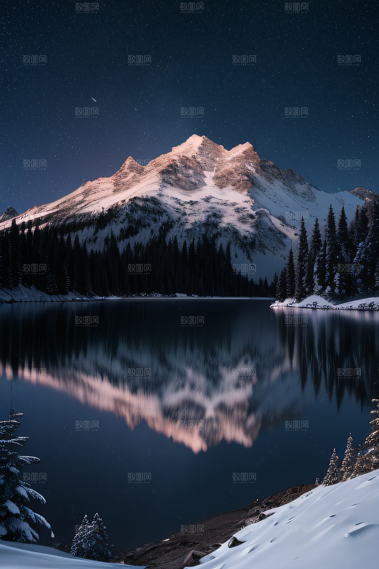 飘渺星空神秘森林与雪山的背景