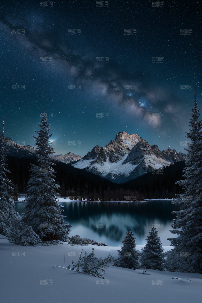 飘渺星空神秘森林与雪山的背景