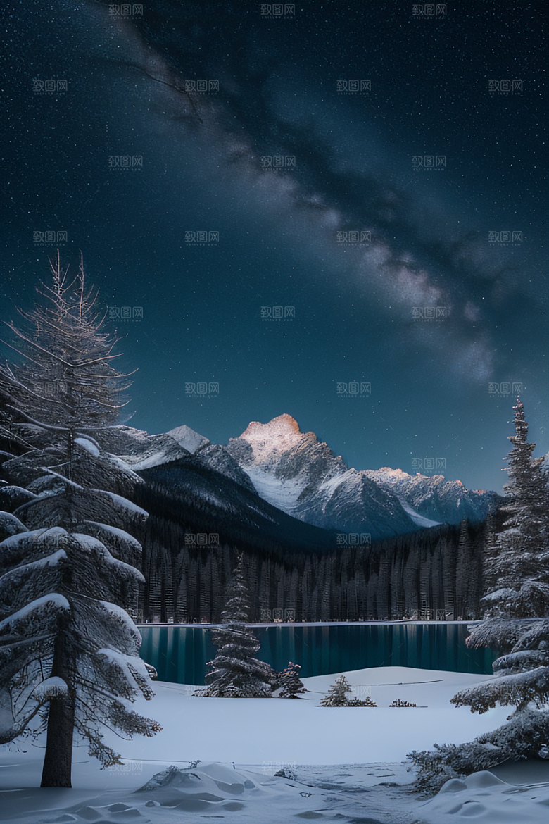 飘渺星空神秘森林与雪山的背景