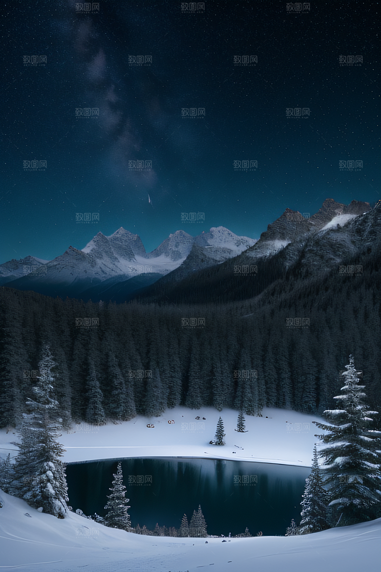 飘渺星空神秘森林与雪山的背景