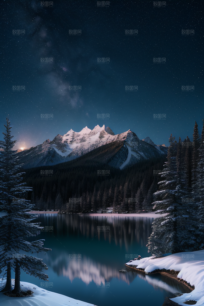 梦幻风景冰封湖泊神秘森林与雪山