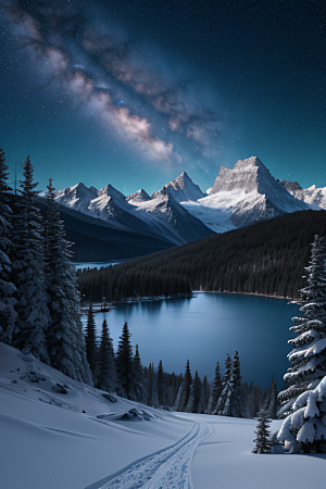 梦幻风景冰封湖泊神秘森林与雪山