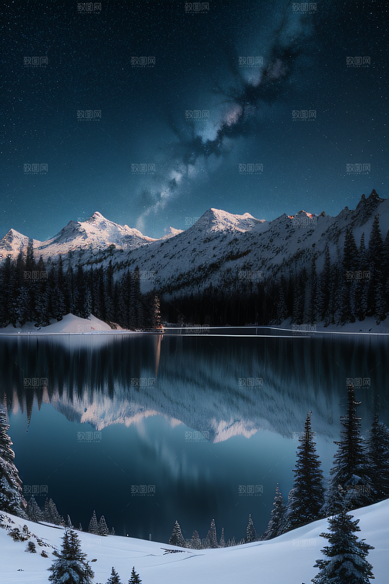 梦幻风景冰封湖泊神秘森林与雪山