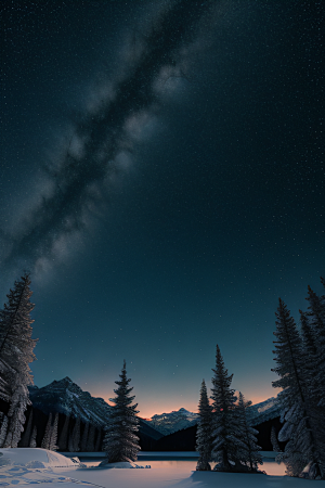 梦幻风景冰封湖泊神秘森林与雪山