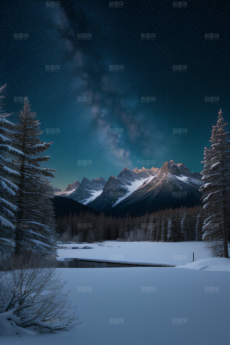 梦幻风景冰封湖泊神秘森林与雪山