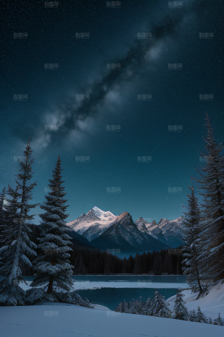 梦幻风景冰封湖泊神秘森林与雪山
