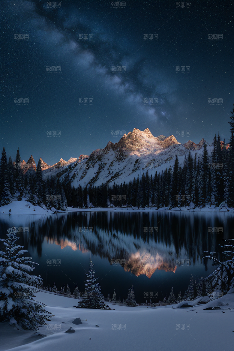 梦幻风景冰封湖泊神秘森林与雪山