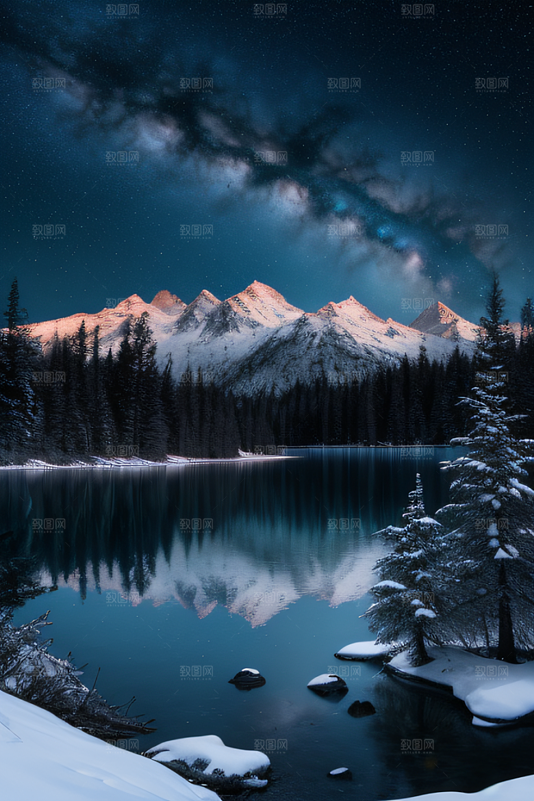 梦幻风景冰封湖泊神秘森林与雪山