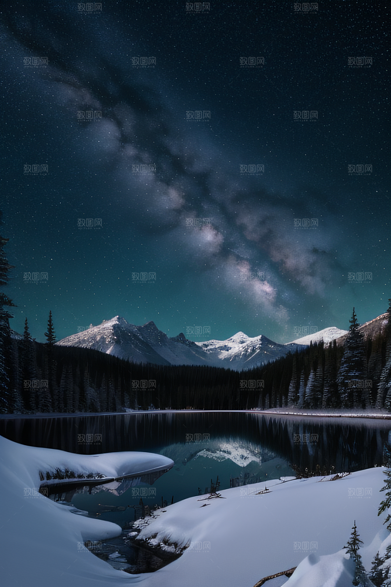 梦幻风景冰封湖泊神秘森林与雪山