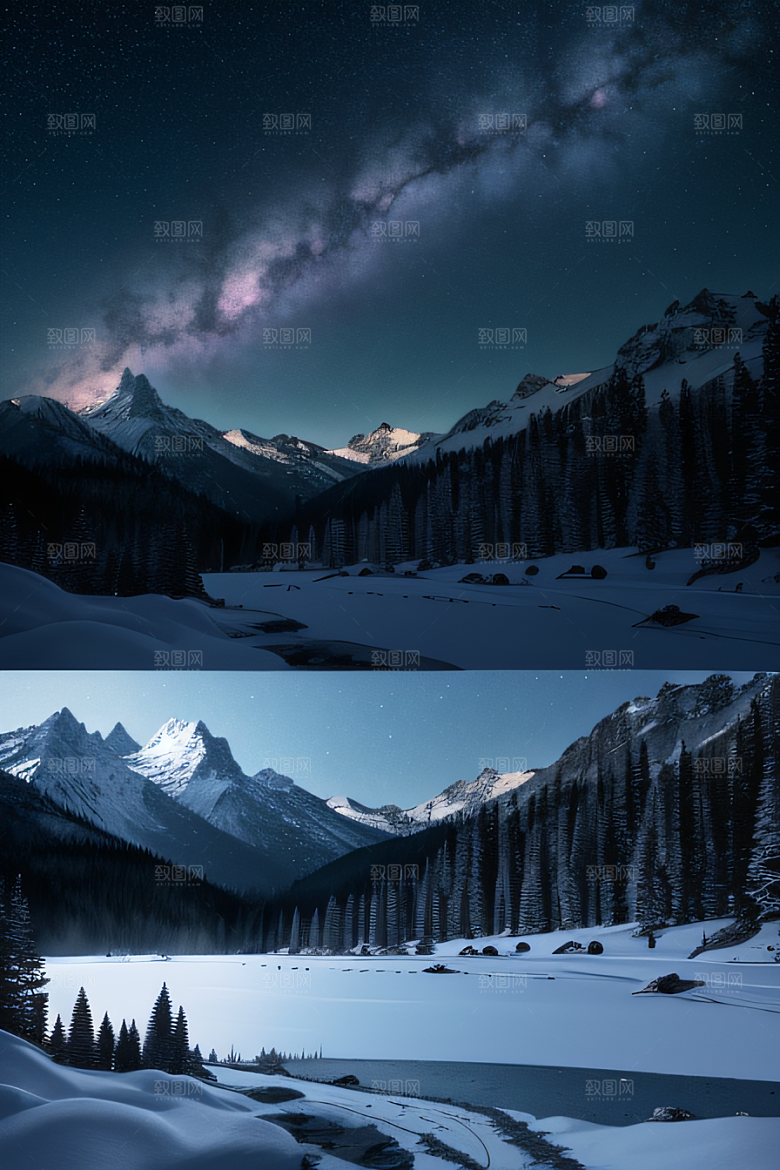 梦幻风景冰封湖泊神秘森林与雪山
