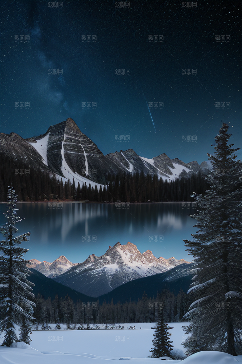 梦幻风景冰封湖泊神秘森林与雪山