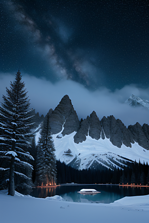 梦幻风景冰封湖泊神秘森林与雪山