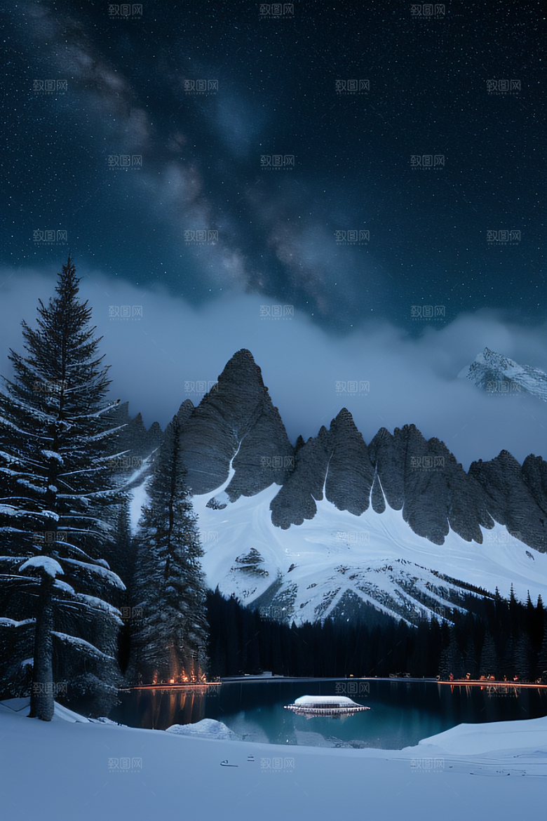 梦幻风景冰封湖泊神秘森林与雪山