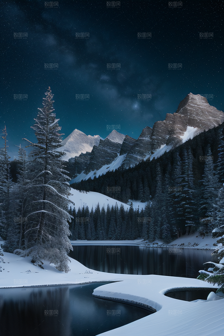 梦幻风景冰封湖泊神秘森林与雪山