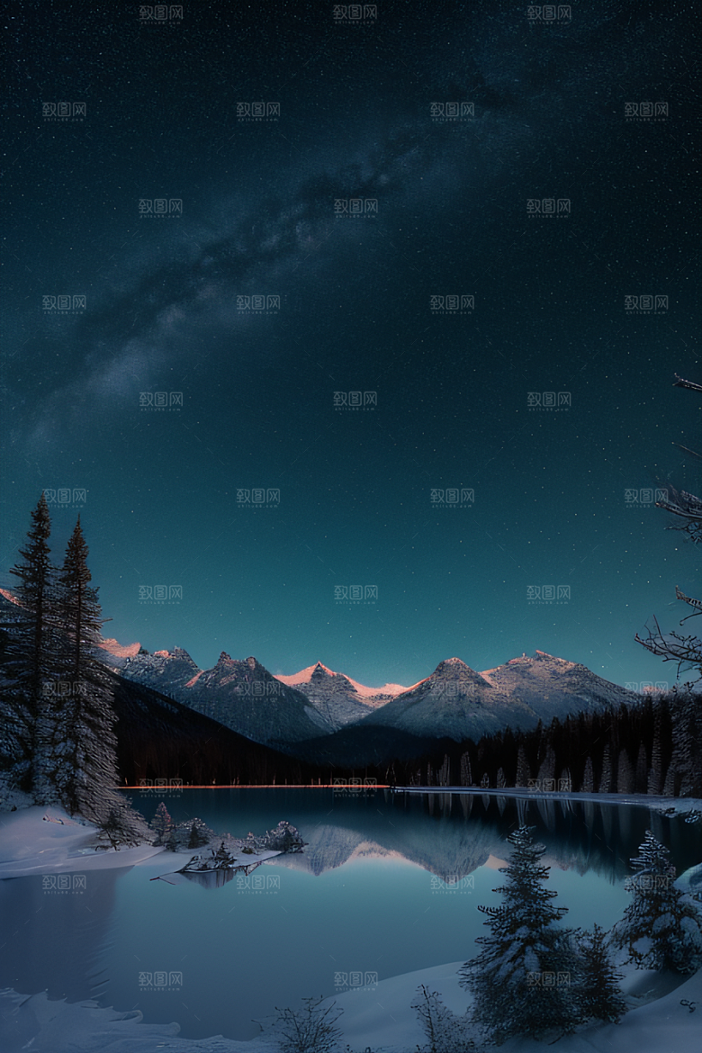 梦幻风景冰封湖泊神秘森林与雪山
