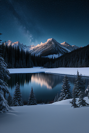 梦幻风景冰封湖泊神秘森林与雪山