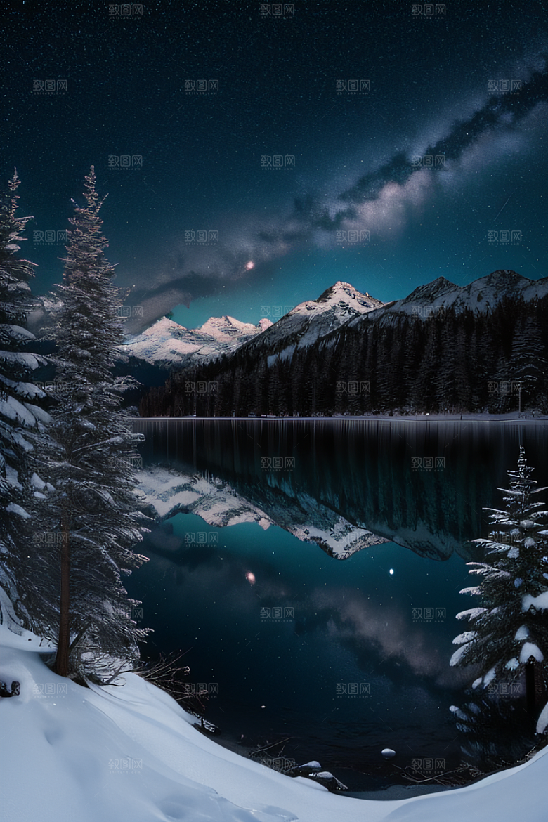 梦幻风景冰封湖泊神秘森林与雪山