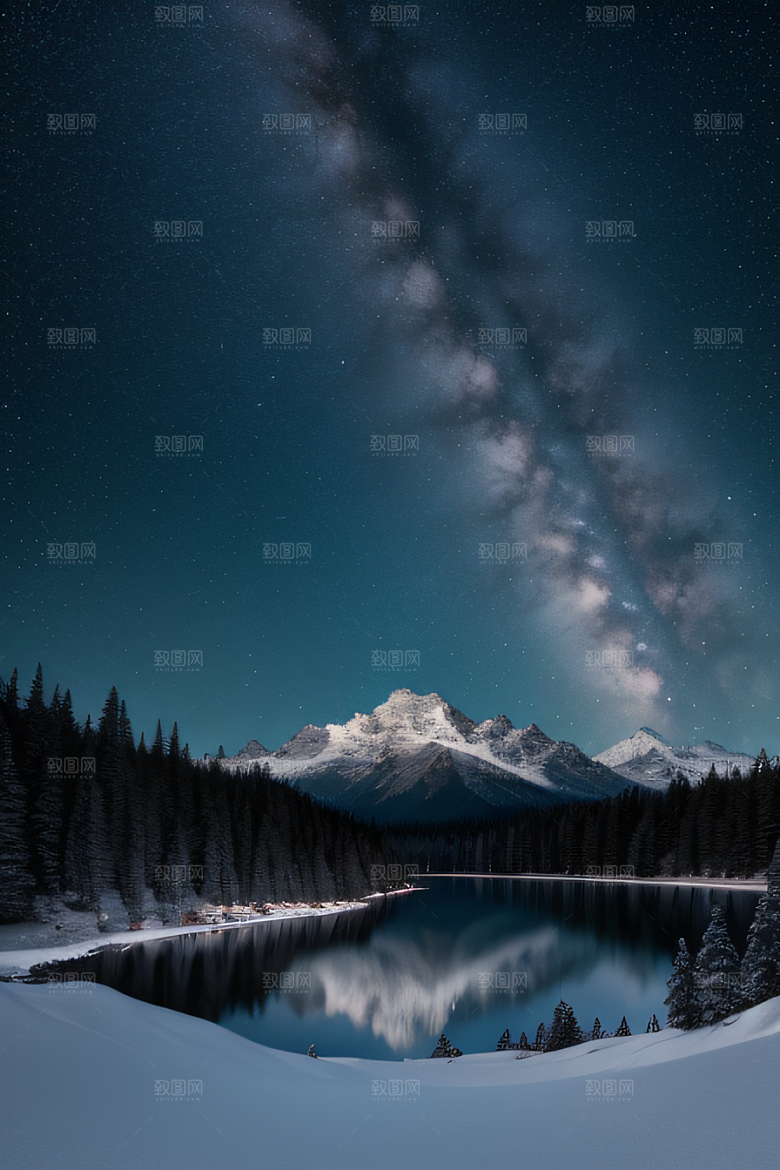 梦幻风景冰封湖泊神秘森林与雪山