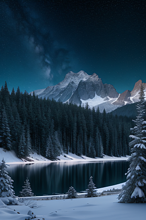 幻境之美冰封湖泊神秘森林和雪山