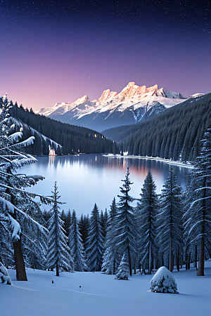 神秘之境冰封湖泊神秘森林迷幻景色