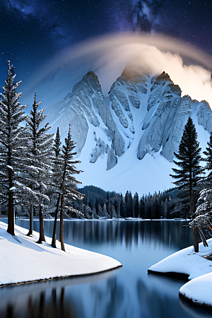 神秘之境冰封湖泊神秘森林迷幻景色