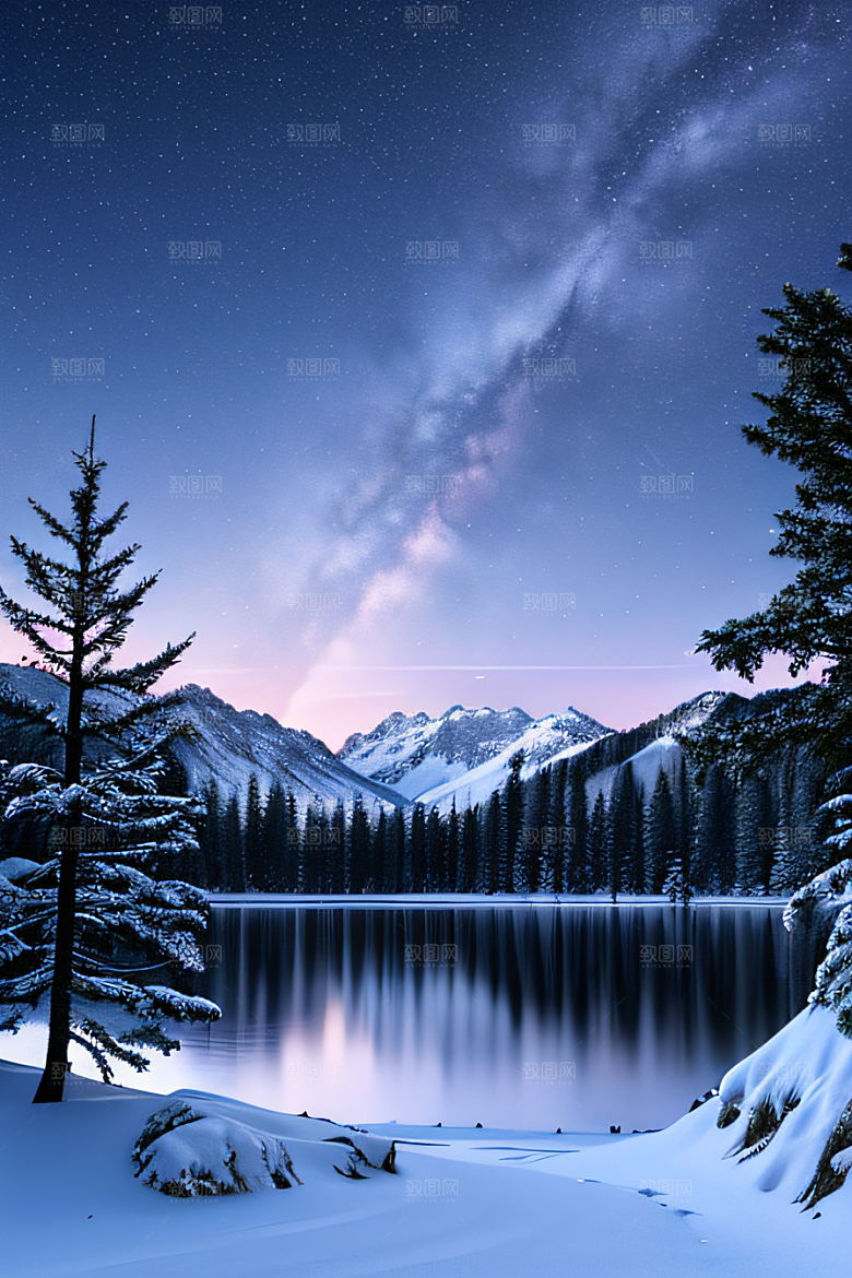 迷幻星空冰封湖泊神秘森林景色