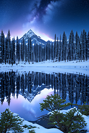 迷幻星空冰封湖泊神秘森林景色