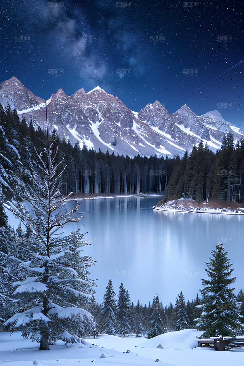 迷幻星空冰封湖泊神秘森林景色