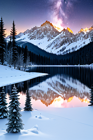 神秘星空冰封湖泊神秘森林超现实景象