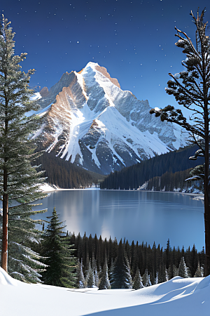 神秘星空冰封湖泊神秘森林超现实景象