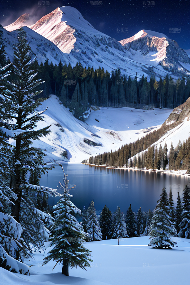飘渺星空神秘森林与雪山的背景