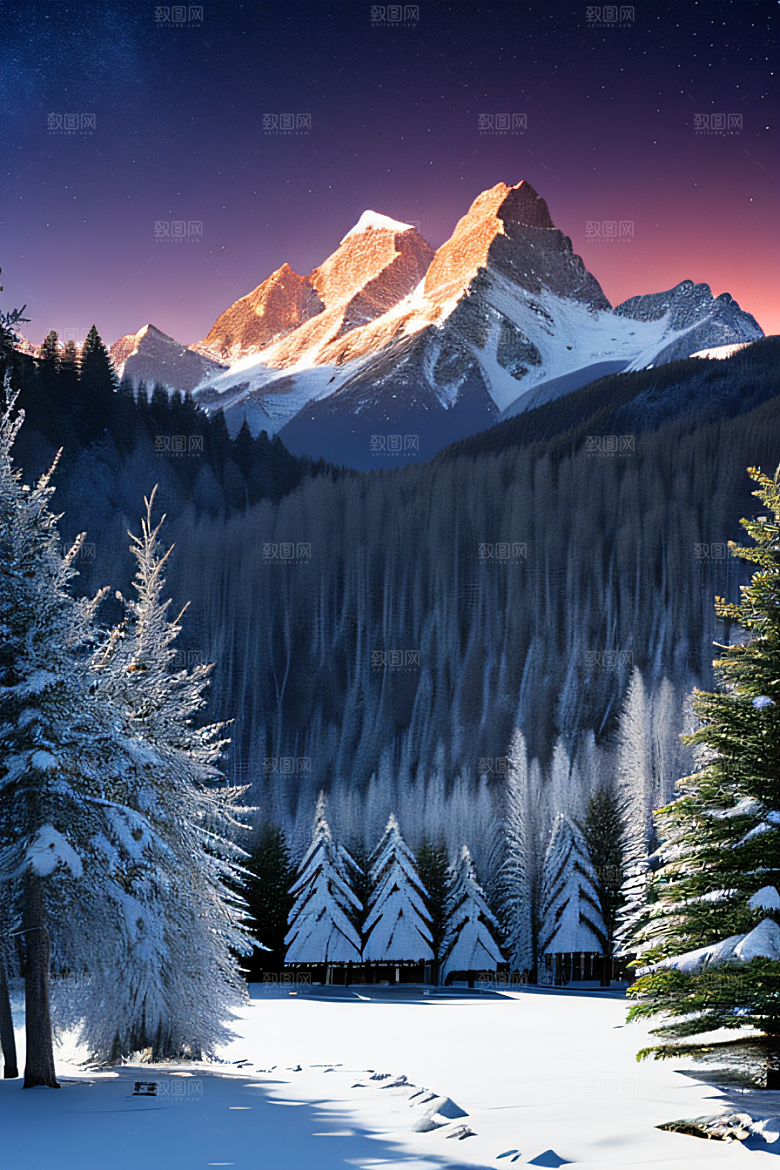 飘渺星空神秘森林与雪山的背景