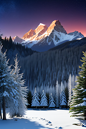 飘渺星空神秘森林与雪山的背景