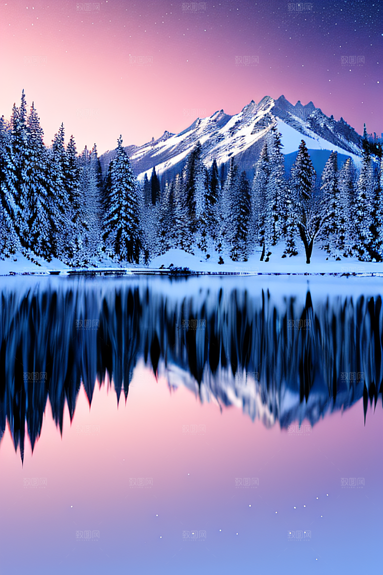 飘渺星空神秘森林与雪山的背景