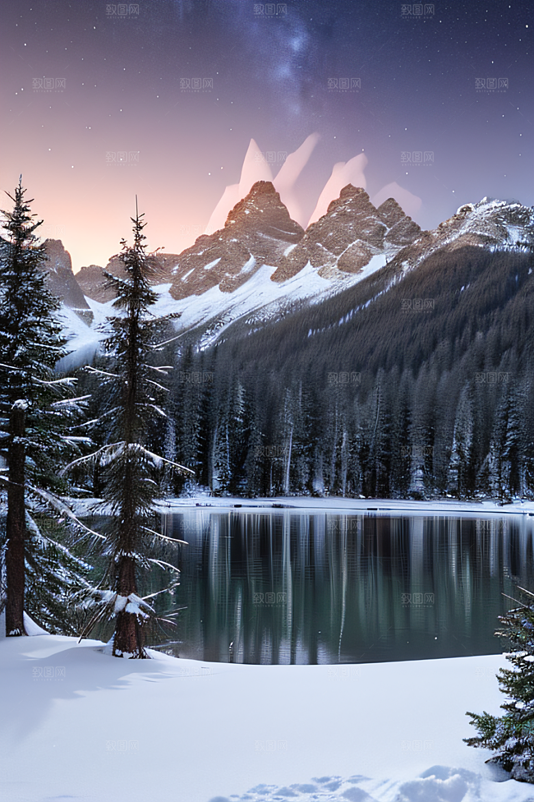 飘渺星空神秘森林与雪山的背景