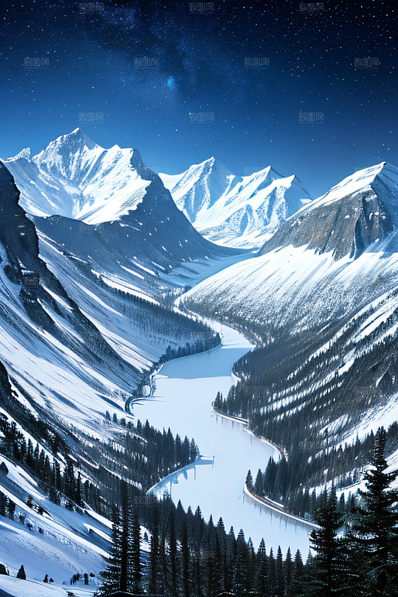 飘渺星空神秘森林与雪山的背景