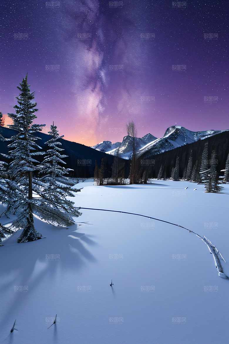 飘渺星空神秘森林与雪山的背景