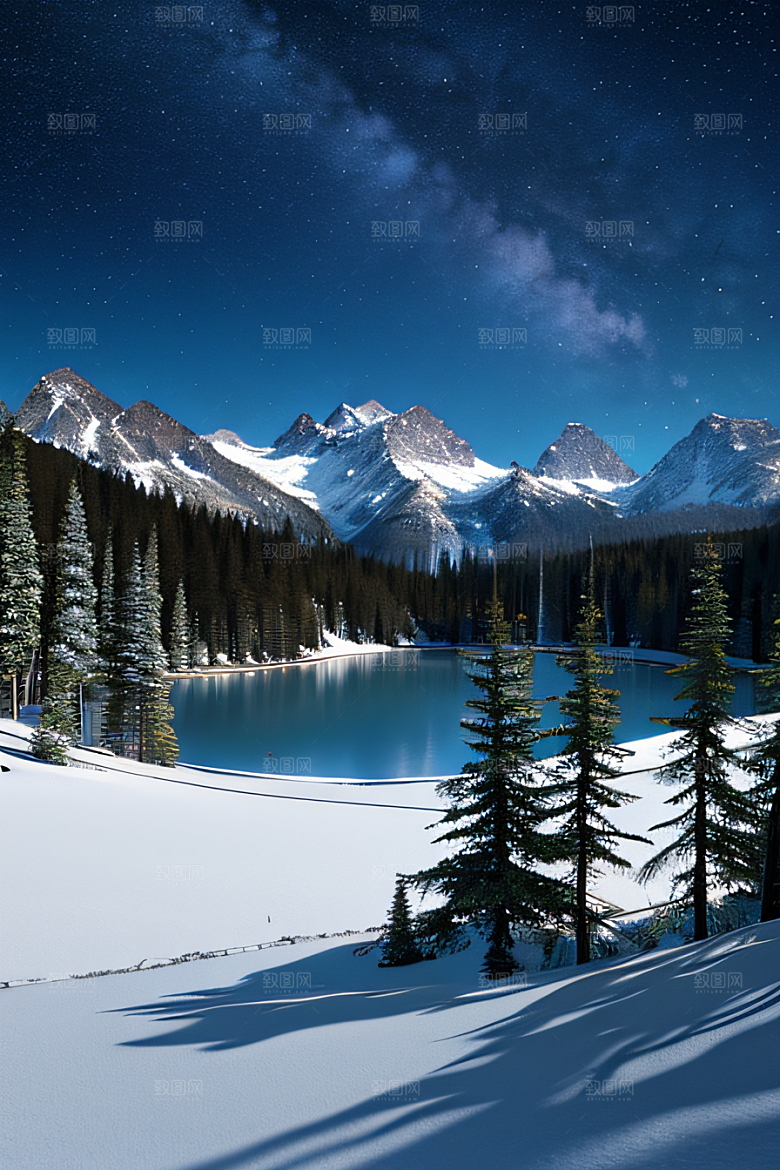 飘渺星空神秘森林与雪山的背景