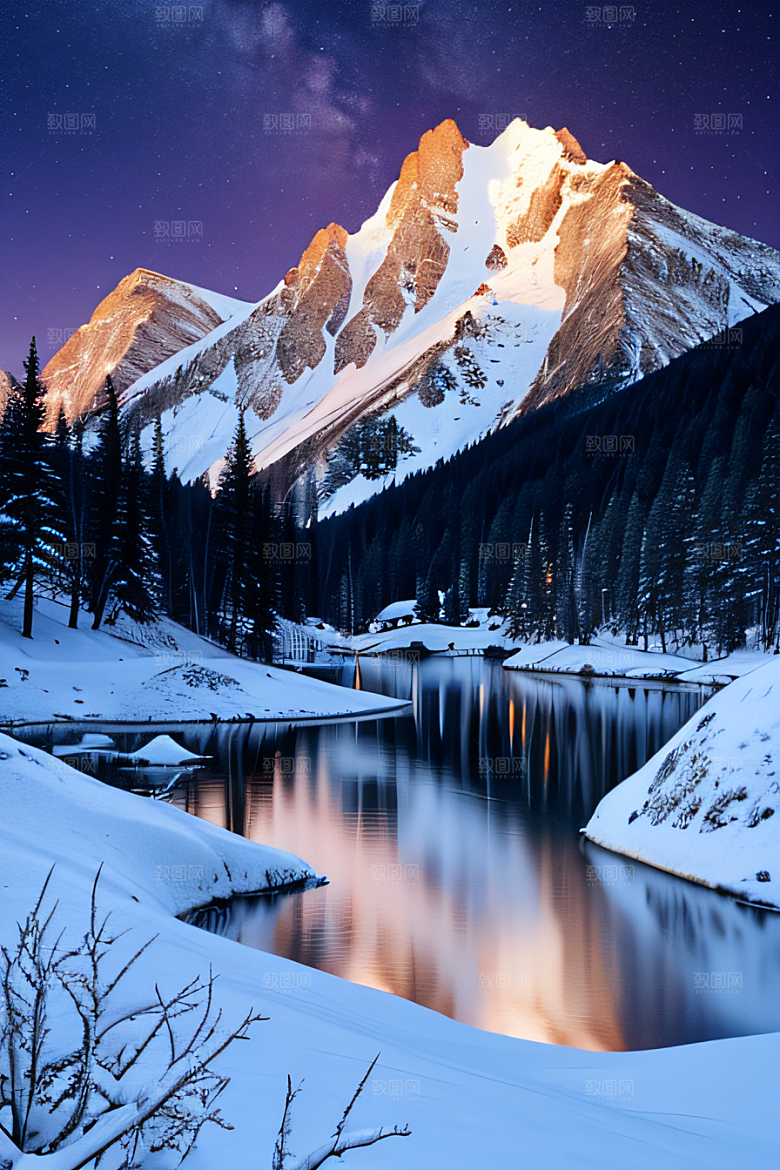飘渺星空神秘森林与雪山的背景