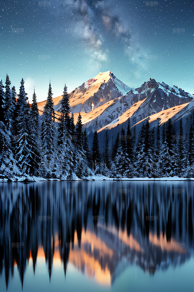 飘渺星空神秘森林与雪山的背景