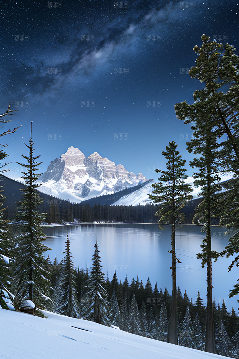 飘渺星空神秘森林与雪山的背景