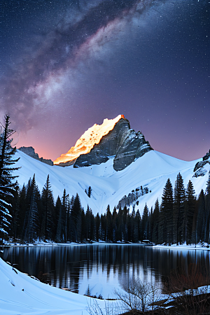 飘渺星空神秘森林与雪山的背景