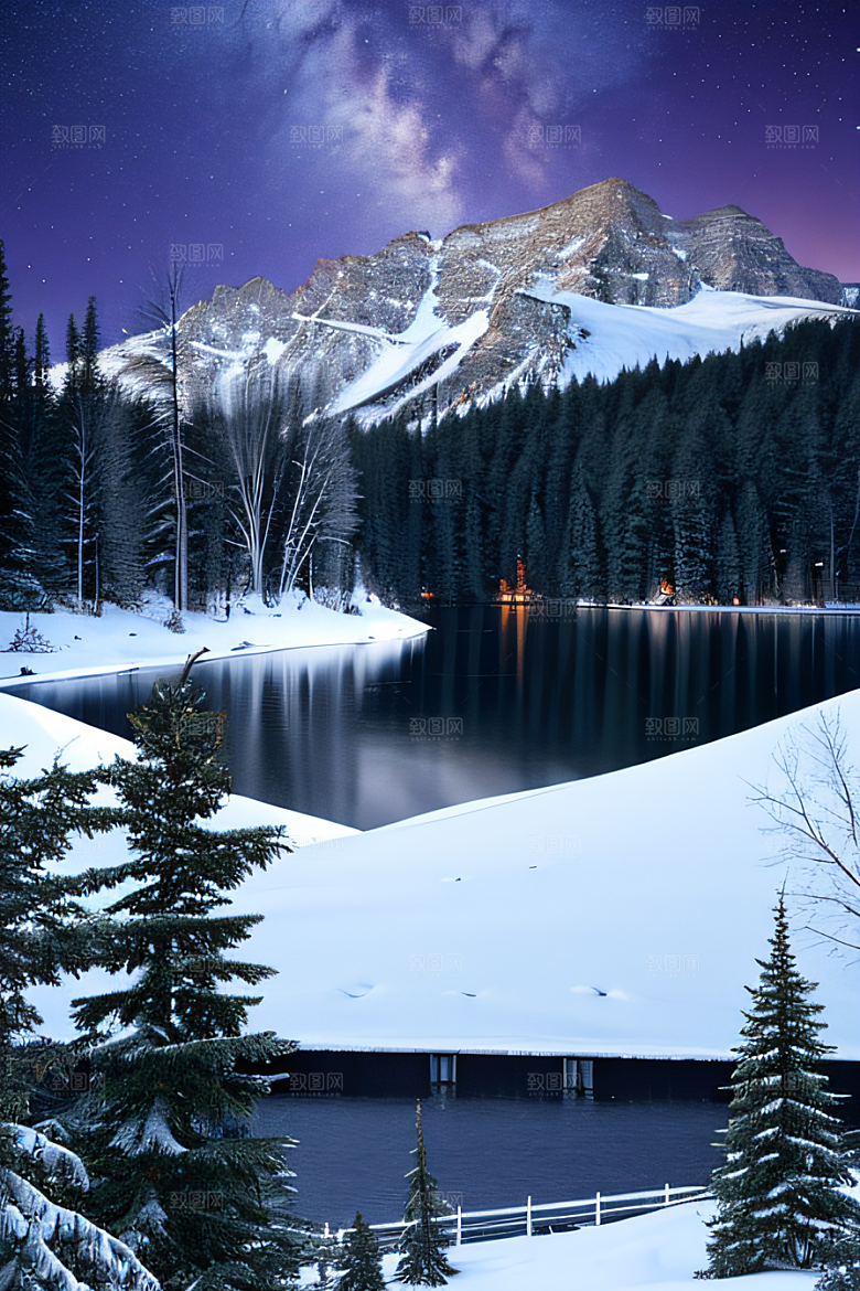 飘渺星空神秘森林与雪山的背景