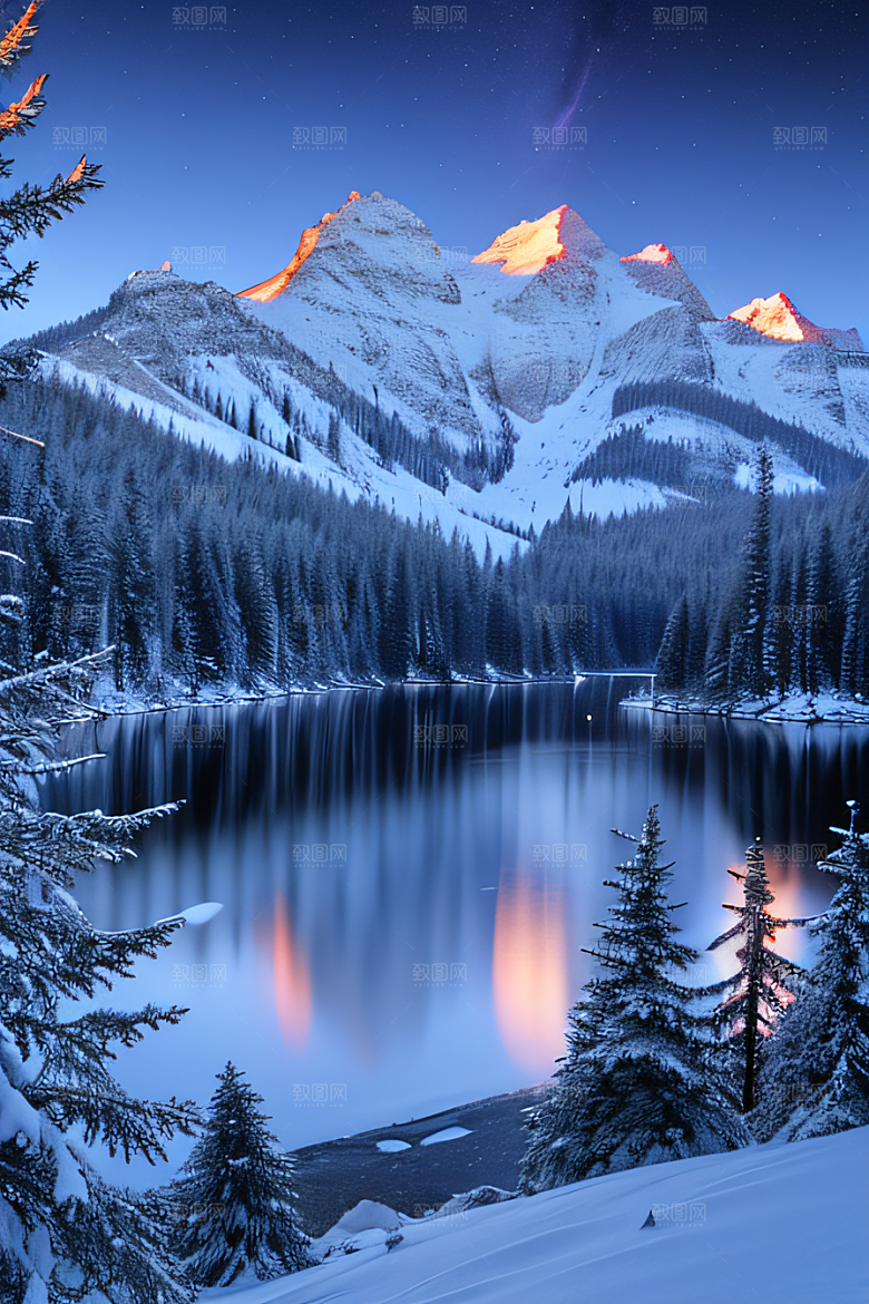 飘渺星空神秘森林与雪山的背景